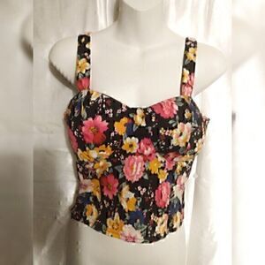 Black Floral Cropped Zip Up Tank Top XL